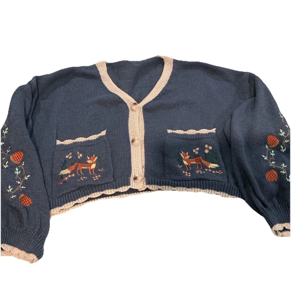 ROMWE Fox Embroidered Cottagecore Cropped Cardigan Sweater Blue Women’s 2XL